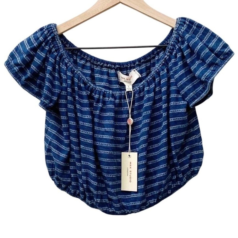 Max Studio Womens Nautical Cottage Coastal Off-the-Shoulder Crop Top XL Blue NEW